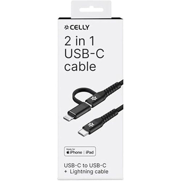 USB-C till USB-C-kabel och Lightning-adapter - CELLY - Laddning och synkronisering - Nylon - Svart