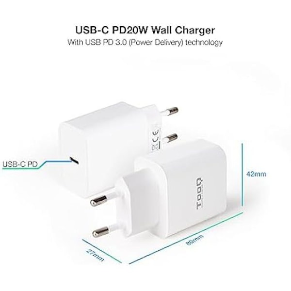 TOOQ TQWC-PDUSBC20W - 20W USB C väggladdare med PD 3.0, kompatibel med iPhone, iPad Pro/Air, AirPods, Huawei, Xiaomi och Svart
