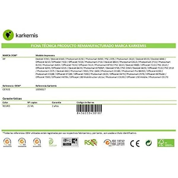 Karkemis K-C8765E svart bläckpatron för HP-skrivare - 11 ml - Kapacitet 500 sidor