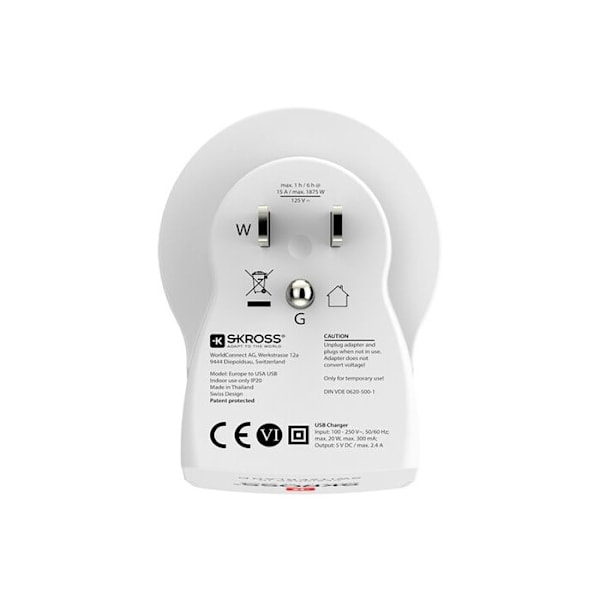 Adaptör - SKROSS - EUROPA TILL USA+ - 2 USB - Vit - Rektangulär Vit