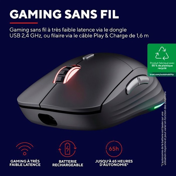 Spelmus - Trust Gaming - GXT 926 Redex II - Trådlös - Laddningsbar - 10000 DPI