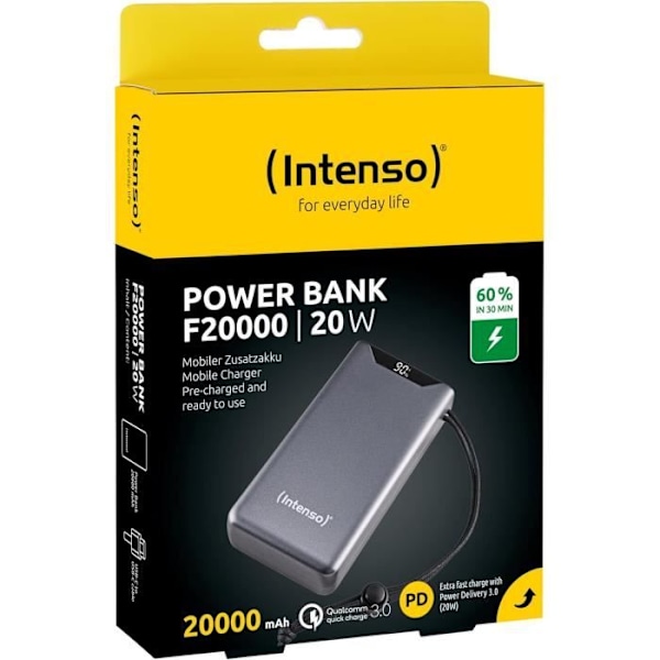Intenso Powerbank F20000, Externbatteri med PD 20 W QC 18 W, USB-C och USB-A port, 20 000 mAh, Grå Grå