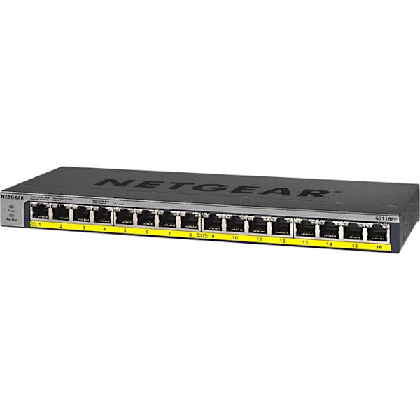 Ethernet-switch - NETGEAR - GS116PP - 16 portar - PoE+ - Väggmontering, Rackbar Svart