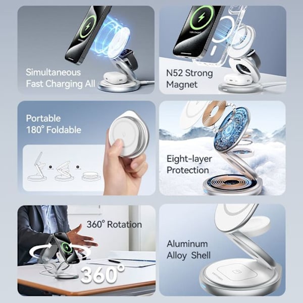 Trådlös laddare med snabbladdning, 15 W, 3 i 1, magnetiskt stativ, MagSafe - Vention (FGEI0) - Silver