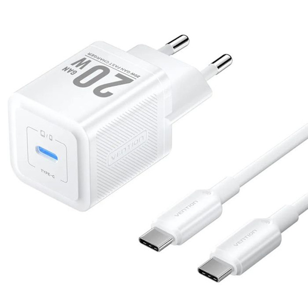 Kolumnladdare för EU-kontakt, Typ-C, GaN-teknologi, 20W, 1m - Vention (TZ-FEPWW0-EU-01) - Vit