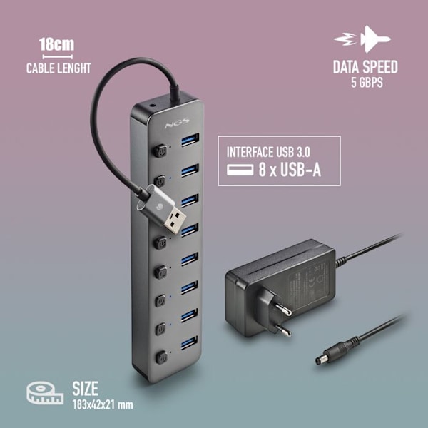 USB 3.0-hub - NGS - IHUB 8 - 8 portar - 5 Gbps - Plug & Play - Svart