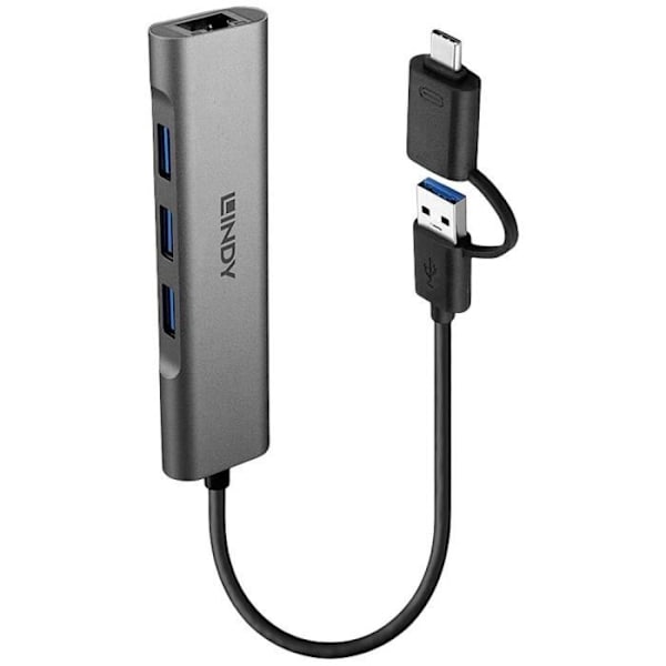 USB 3.0 Hub - LINDY - 43379 - 3 portar - Gigabit Ethernet-konverter - Grå