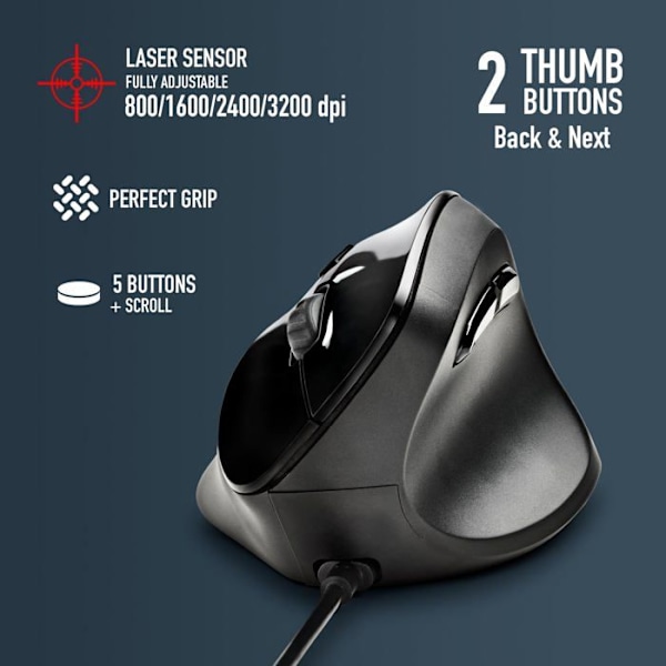 Vertikal mus - NGS - SAMSARA - Ergonomisk - Tysta knappar - Laser sensor 3200 DPI