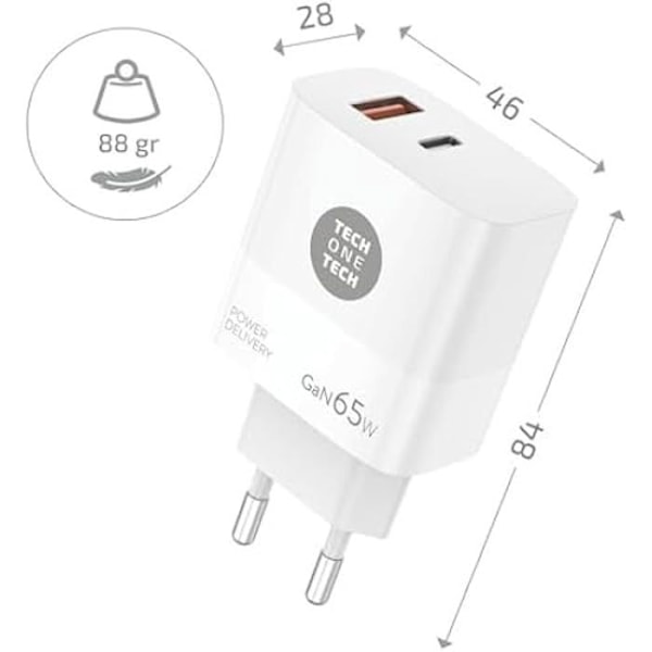 Tech One Tech gan pd tec2273 väggladdare / 1 x USB typ-c / 1 x USB / 65 W Olivgrön