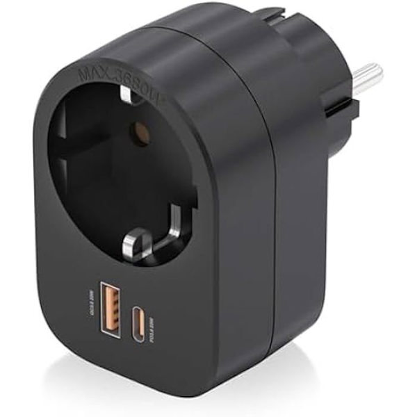 AISENS - ASPS-1A1C07-BK - Multifunktions vägguttag med 1 uttag + 1 x USB-C 20 W PD3.0, 1 x USB-A 20 W QC3.0, svart Svart