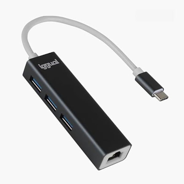 USB Typ C-hubb - IGGUAL - 3 USB 3.0-portar - 1 Gigabit RJ45-port - 1000 Mbps - 4 portar