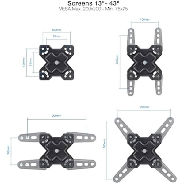 TOOQ LP1345TN-B - Väggfäste, lutande och roterande för 13"-43" skärmar, vridbar, upp till 20 kg vikt, kompatibel med skärmar