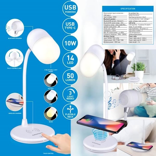LED-lampa - GRUNDIG - 3-i-1 - Trådlös Laddare - Bluetooth-högtalare - Vit Vit