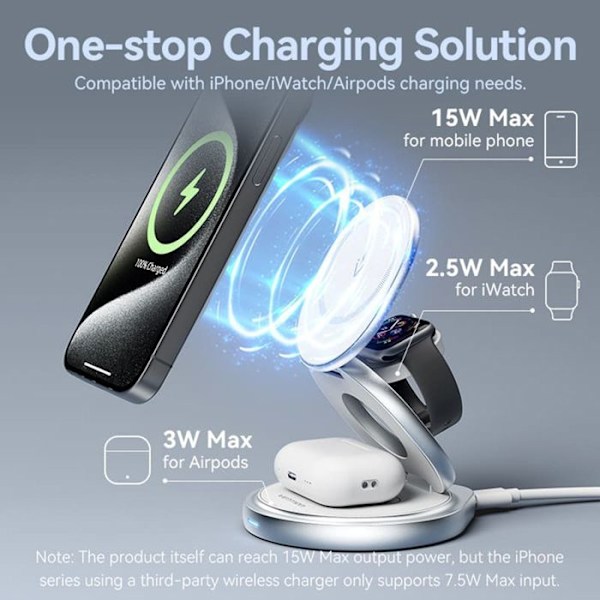 Trådlös laddare med snabbladdning, 15 W, 3 i 1, magnetiskt stativ, MagSafe - Vention (FGEI0) - Silver