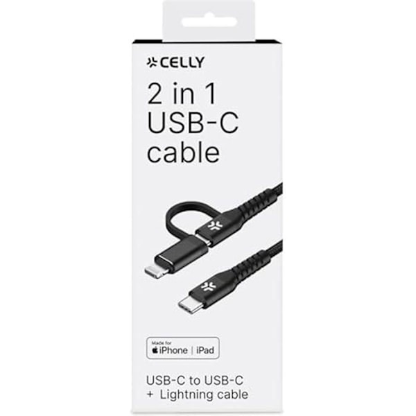 USB-C till USB-C-kabel och Lightning-adapter - CELLY - Laddning och synkronisering - Nylon - Svart