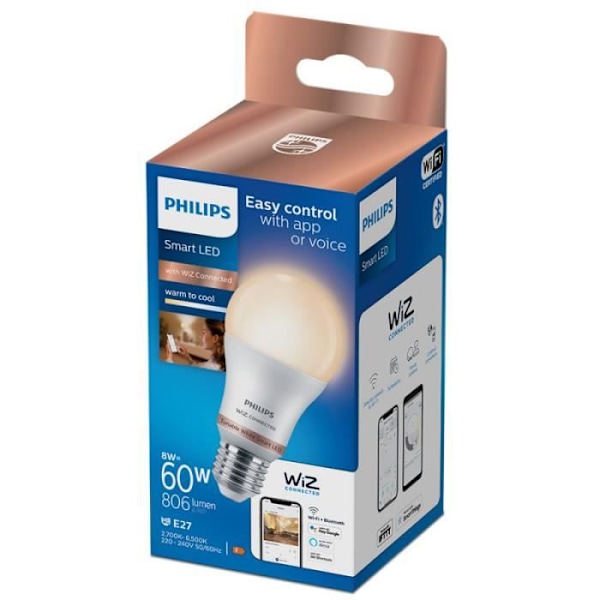 Standard LED-lampa e27 8w 2.700k-6.500k 806lm wifi philips wiz Vit