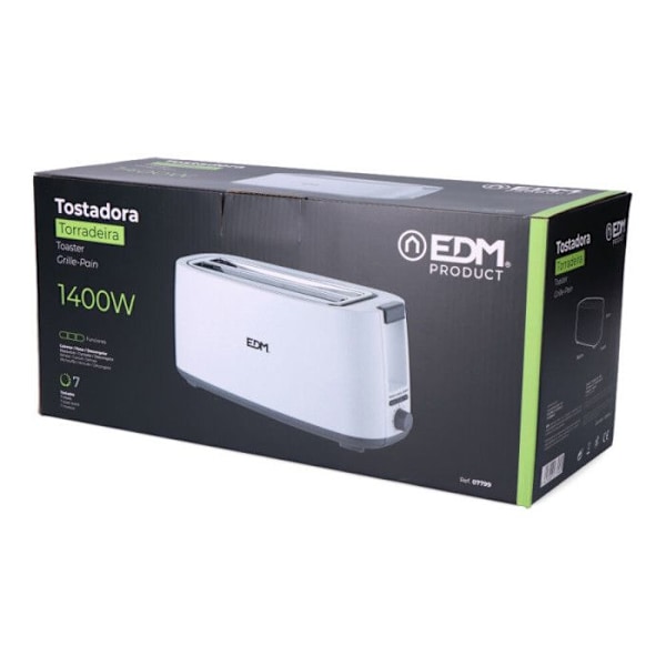 Brödrost - EDM - Dubbel lång öppning - 1400 Watt - 2 skivor - Avfrostning Vit