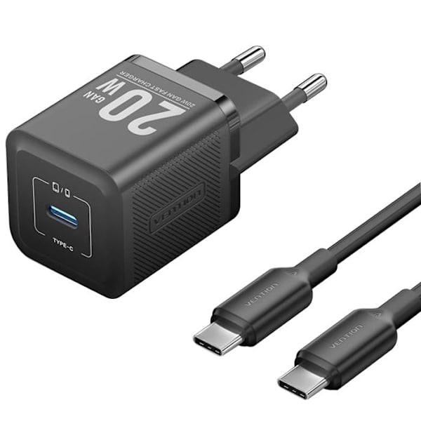 Kolombatteri för EU-kontakt, Typ-C, GaN-teknologi, 20W, 1m - Vention (TZ-FEPB0-EU-01) - Svart