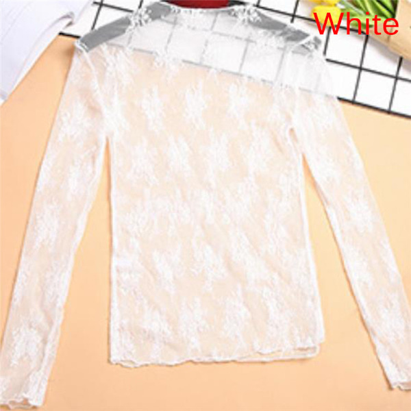 Elegant Transparent T-skjorte Sexy Lang Erme Mesh Tulles Se Th White