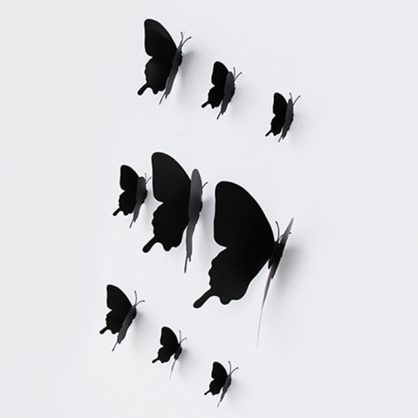 12 stk/sett 3D svart Pteris Butterfly Wall Sticker Sommerfugler Ma Black onesize