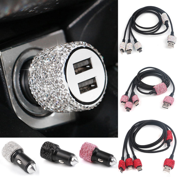 Kvinnor Crystal Dual USB Port Bil Snabb Rhinestones Bling Laddare MU1