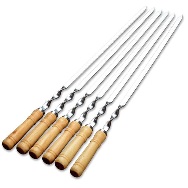 6st rostfritt stål BBQ Platta Grillspett Utomhus Grill Långt handtag Brown 6Pcs