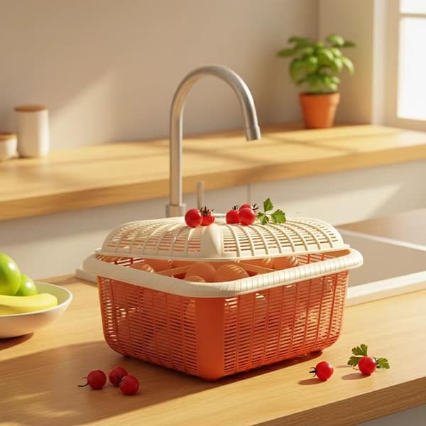 Multifunktionel Plast Opbevaringskurv Låg Til Afløb Grøntsager Orange