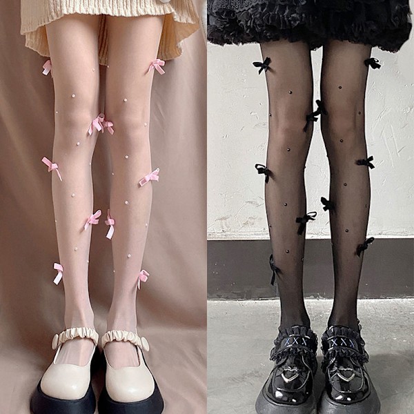 Strumpbyxor med rosett, pärlor och siden i Lolita-stil - söta tjejer, tajta strumpbyxor A2