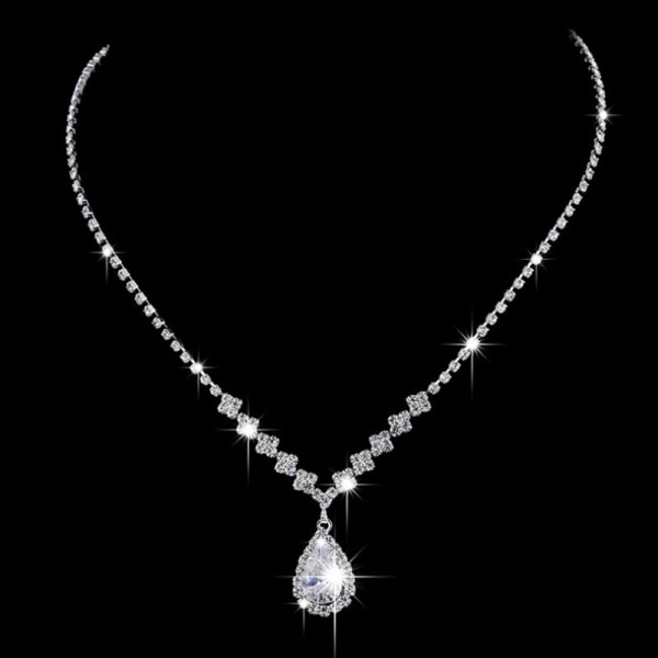 Vintage Crystal Waterdrop vedhæng halskæde øreringe sølv Wedd Silver