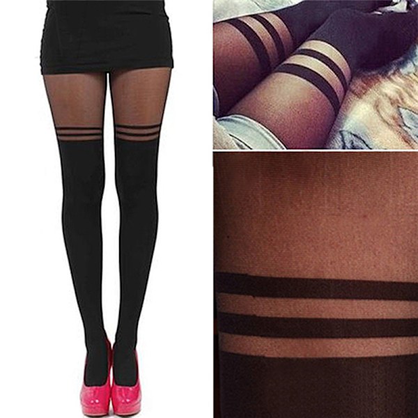 Sorte Sexy Kvinder Pige Fristelse Gennemsigtige Mock Suspender Strømper Pa Black One Size