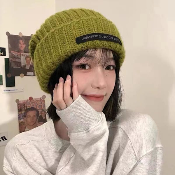 Vinterstrikket lue for kvinner, løs skullie, beanie, ensfarget, feminin A3
