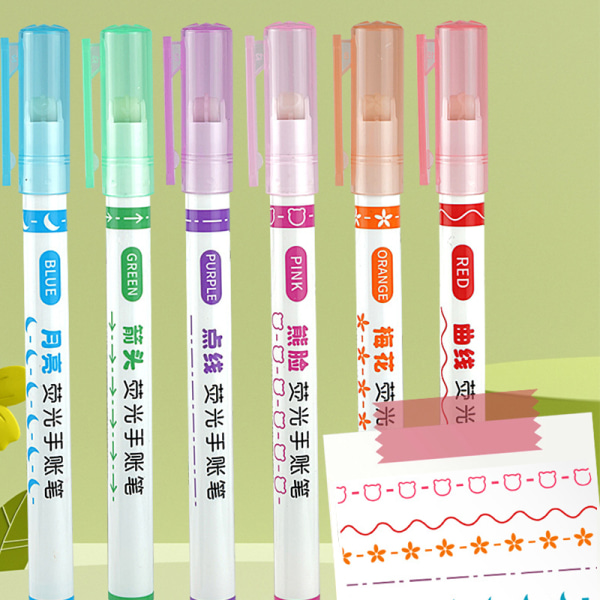 6 kpl Highlighter Marker -kynä Lineaarinen lyijykynä Pitsi Roller Tip Multi A 6pcs