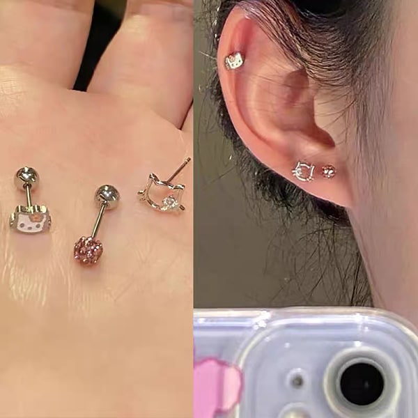 3Pcs Cartoon e Cat Earings For Women Girls Small Ear Studs Funn ONESIZE