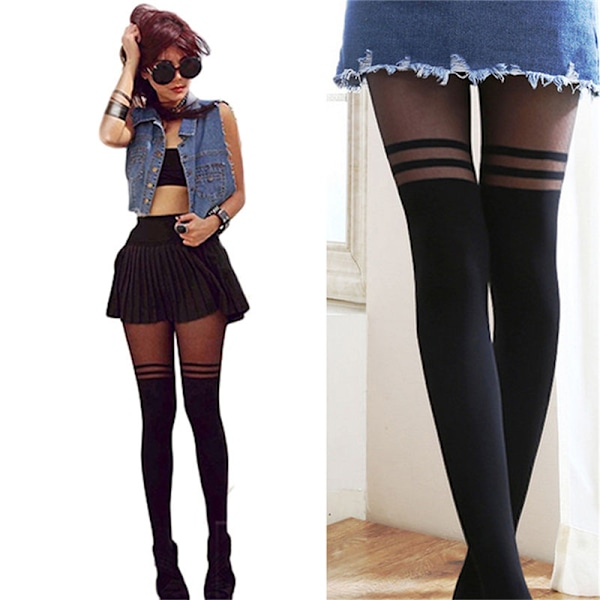 Sorte Sexy Kvinder Pige Fristelse Gennemsigtige Mock Suspender Strømper Pa Black One Size