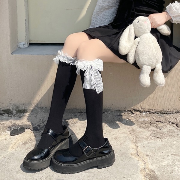 Japan Lolita Blondestrømper Kvinder Søde Kowknot høje knæstrømper A5 One Size