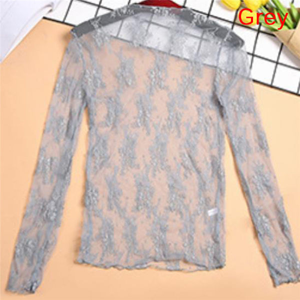 Elegant Transparent T-shirt Sexy Langærmet Mesh Tulle Se Th Gray