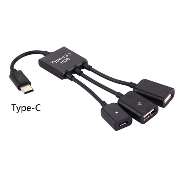 3 i 1 Micro USB Typ C HUB hane till hona dubbel USB 2.0 värd Type C