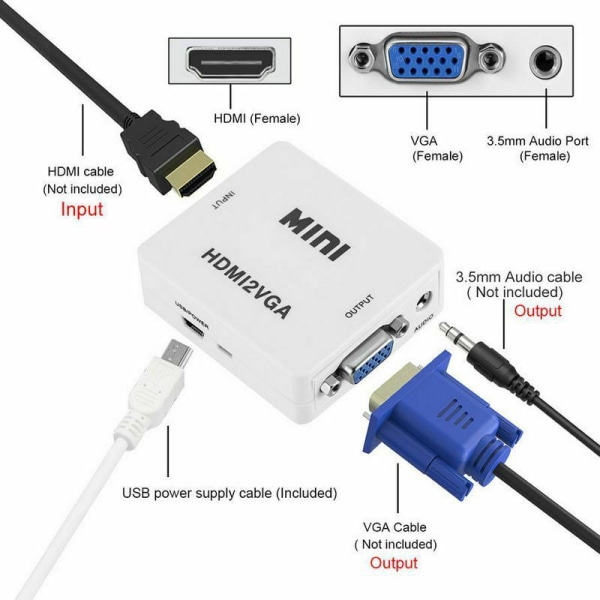 VGA til HDMI Full HD Video 1080P Converter Box Adapter For PC La White