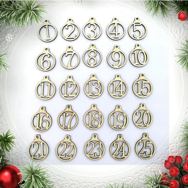 25st 1-25 Antal Trä Julkalender Taggar Presentkartong Wrappi Wood color 25pcs
