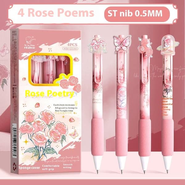 4 STK./Sæt Kreativ Soft Grip Gel Pen Tryk Type 0,5 mm Sort Blæk A1