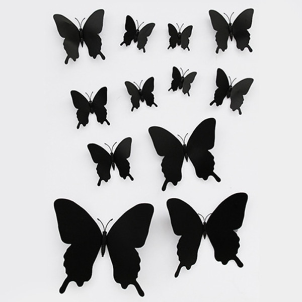12 Stk/sæt 3D sort Pteris Butterfly Wall Sticker Sommerfugle Ma Black onesize