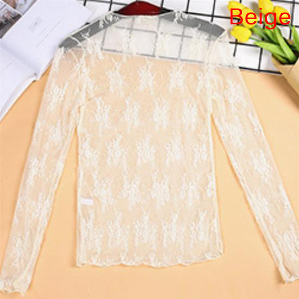 Elegant Transparent T-shirt Sexy Long Sleeve Mesh Tulles See Th Beige