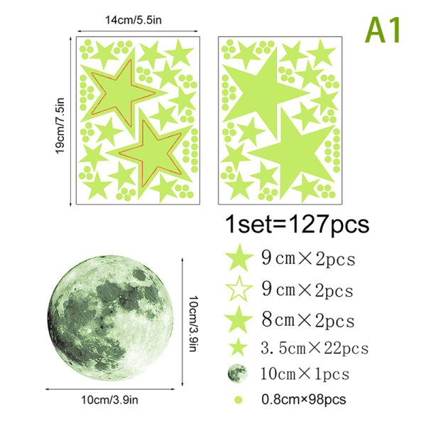 127kpl Luminous Star Moon DIY koristeellinen seinätarra Night Par A1