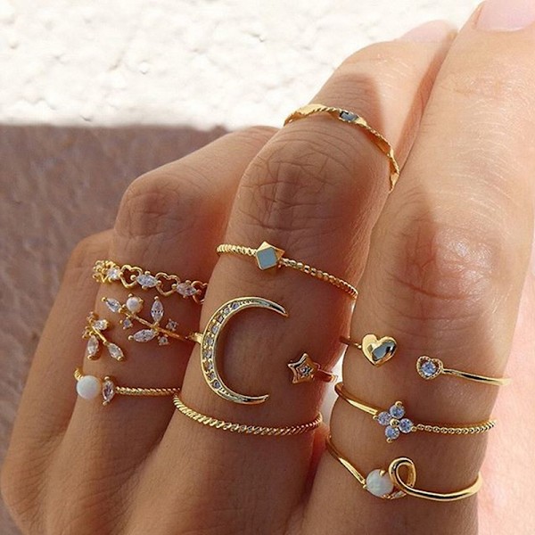 10kpl/ set Moon Star Rings Naiset Tytöt Bohemian Set Gi One Size