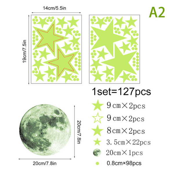 127kpl Luminous Star Moon DIY koristeellinen seinätarra Night Par A2