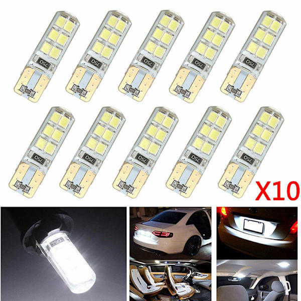 10x Xenon White T10 W5W 12-SMD 2835 LED Canbus Fejlfri Silic White