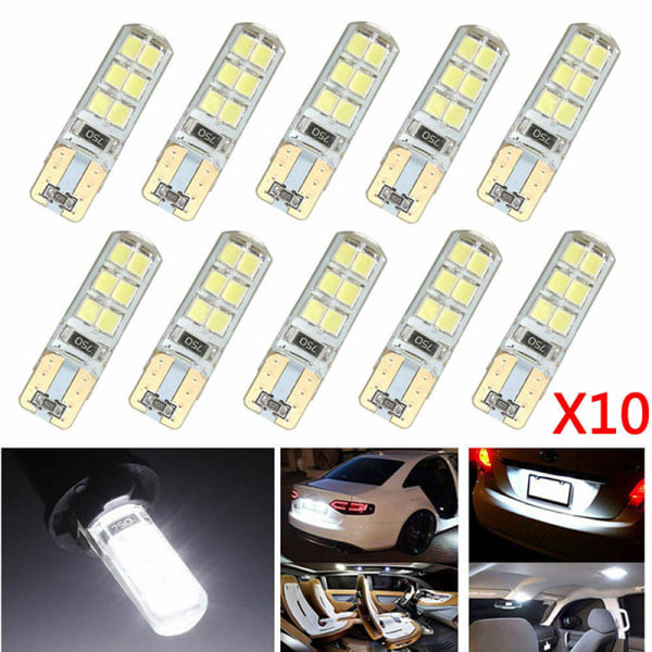 10x Xenon White T10 W5W 12-SMD 2835 LED Canbus virheetön pii White