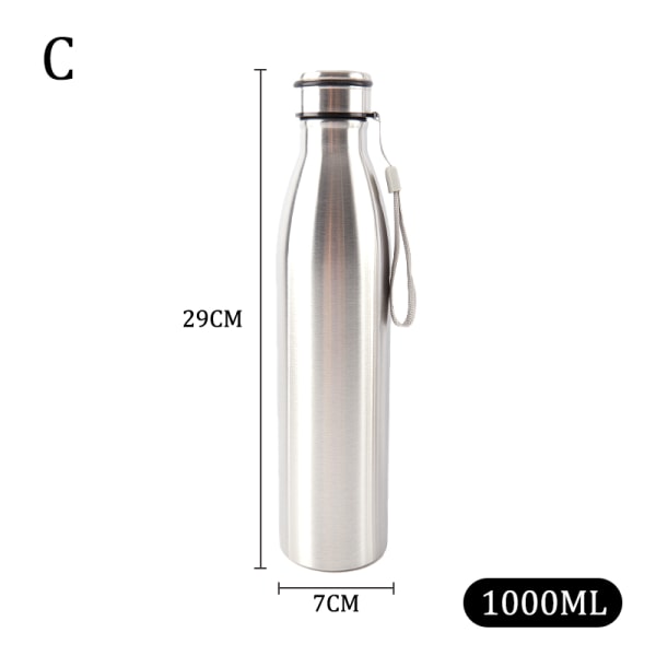 650-1000 ml kannettava ulkovesipullo ruostumaton yksiseinäinen Silver 1000ml