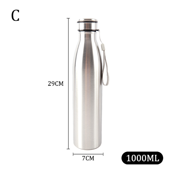 650-1000 ml kannettava ulkovesipullo ruostumaton yksiseinäinen Silver 1000ml