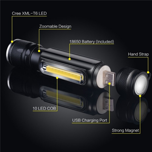 T6 Strong Light LED USB ladattava taskulamppu magneettinen taskulamppu Black one size